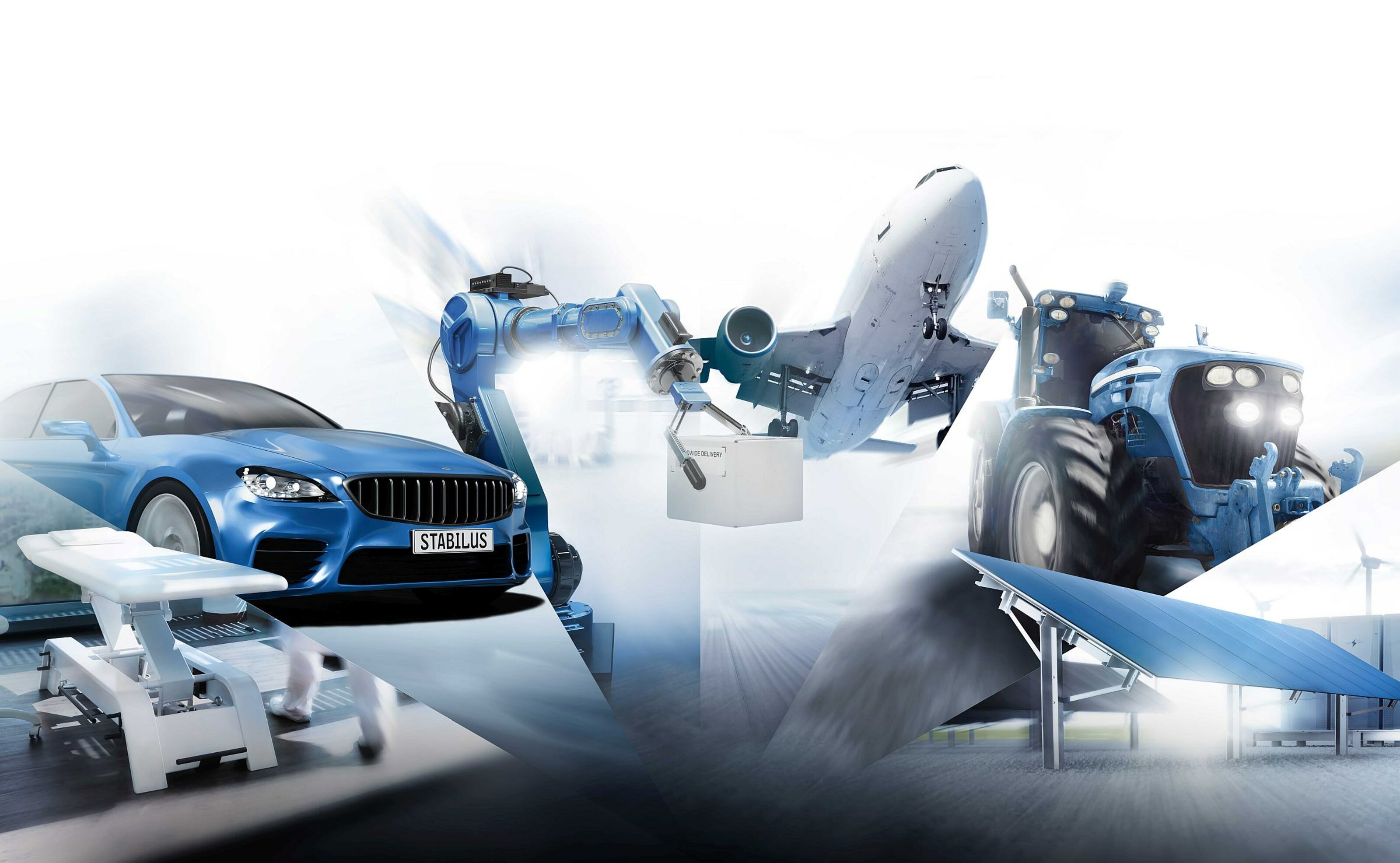 Zukunftsweisende Branchenanwendungen - abgebildet sind ein modernes Auto, ein medizinisches Behandlungstisch, ein Industrieroboter, ein startendes Flugzeug, ein Traktor in der Landwirtschaft sowie eine Solaranlage zur nachhaltigen Energiegewinnung.