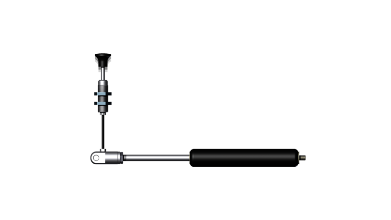 Technische Darstellung eines Auslösesystems für Gasfedern mit Bowdenzug, bestehend aus einem Druckknopf, einer mechanischen Verbindung und einer Gasfeder für präzise Steuerung.