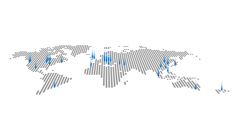 Weltkarte mit einer schematischen Darstellung der Vertriebsstandorte von Hahn Gasfedern, visualisiert durch blaue Markierungen.