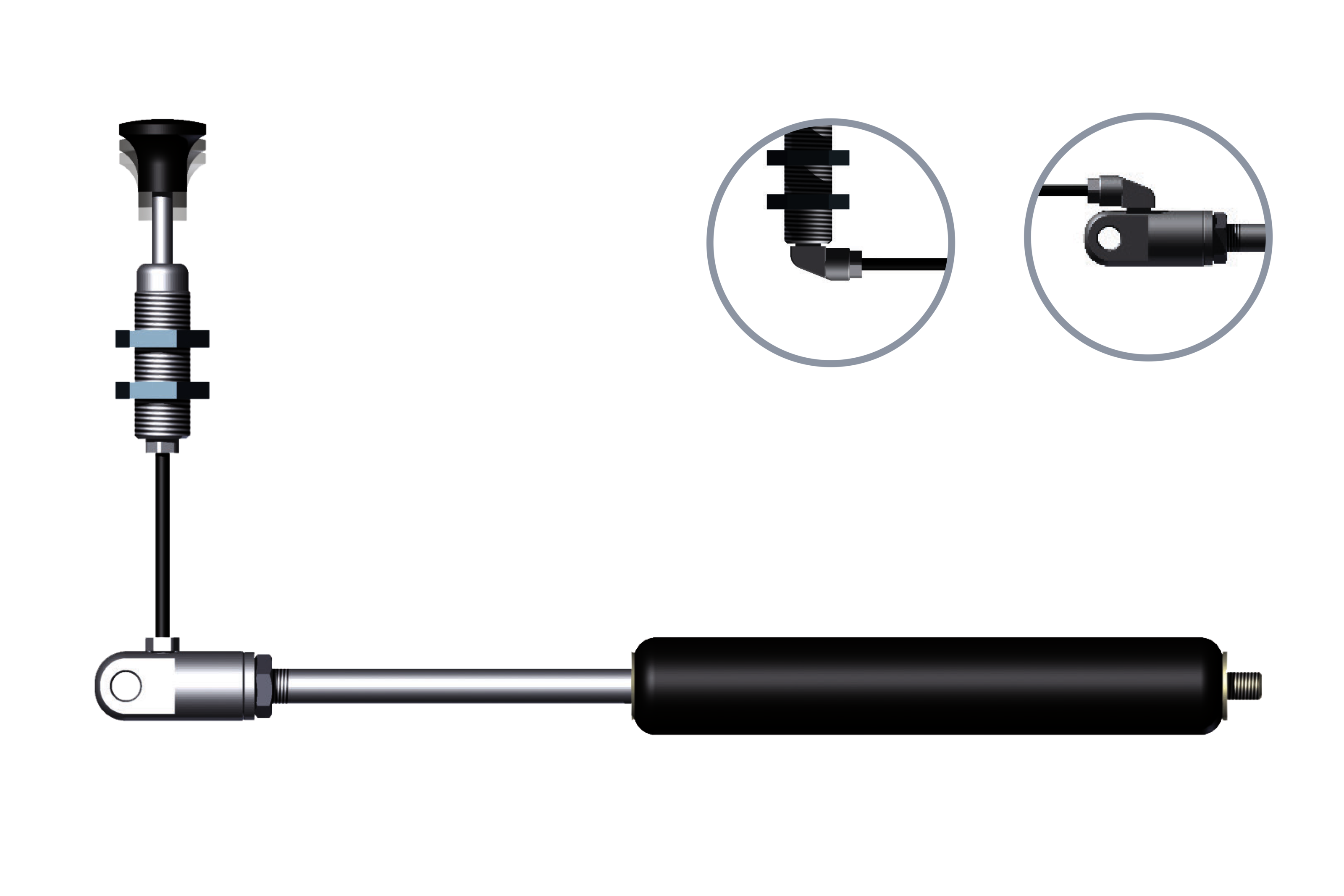 Technische Darstellung eines Auslösesystems für Gasfedern mit Bowdenzug, bestehend aus einem Druckknopf, einer mechanischen Verbindung und einer Gasfeder für präzise Steuerung.