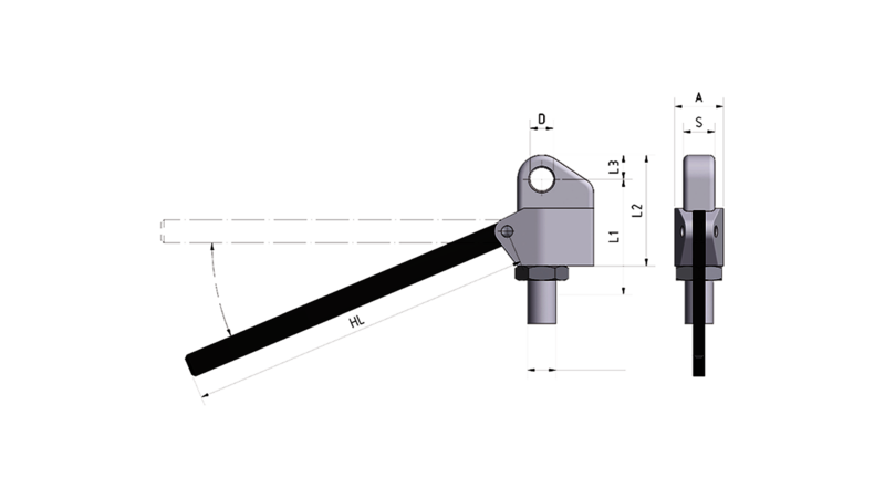 Seitliche Ansicht einer montierten Hebelmechanik im technischen Aufbau mit Befestigung.