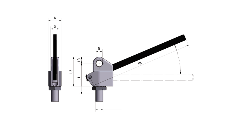 Bemaßte Zeichnung eines Ventils mit Hebel, zeigt Schwenkbereich und relevante Maße.