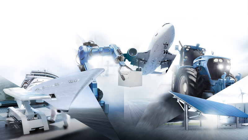 Collage verschiedener Branchenanwendungen, darunter Schifffahrt, Robotik, Luftfahrt, Agrartechnik und erneuerbare Energien, die den vielseitigen Einsatz von Hahn Gasfedern verdeutlichen.