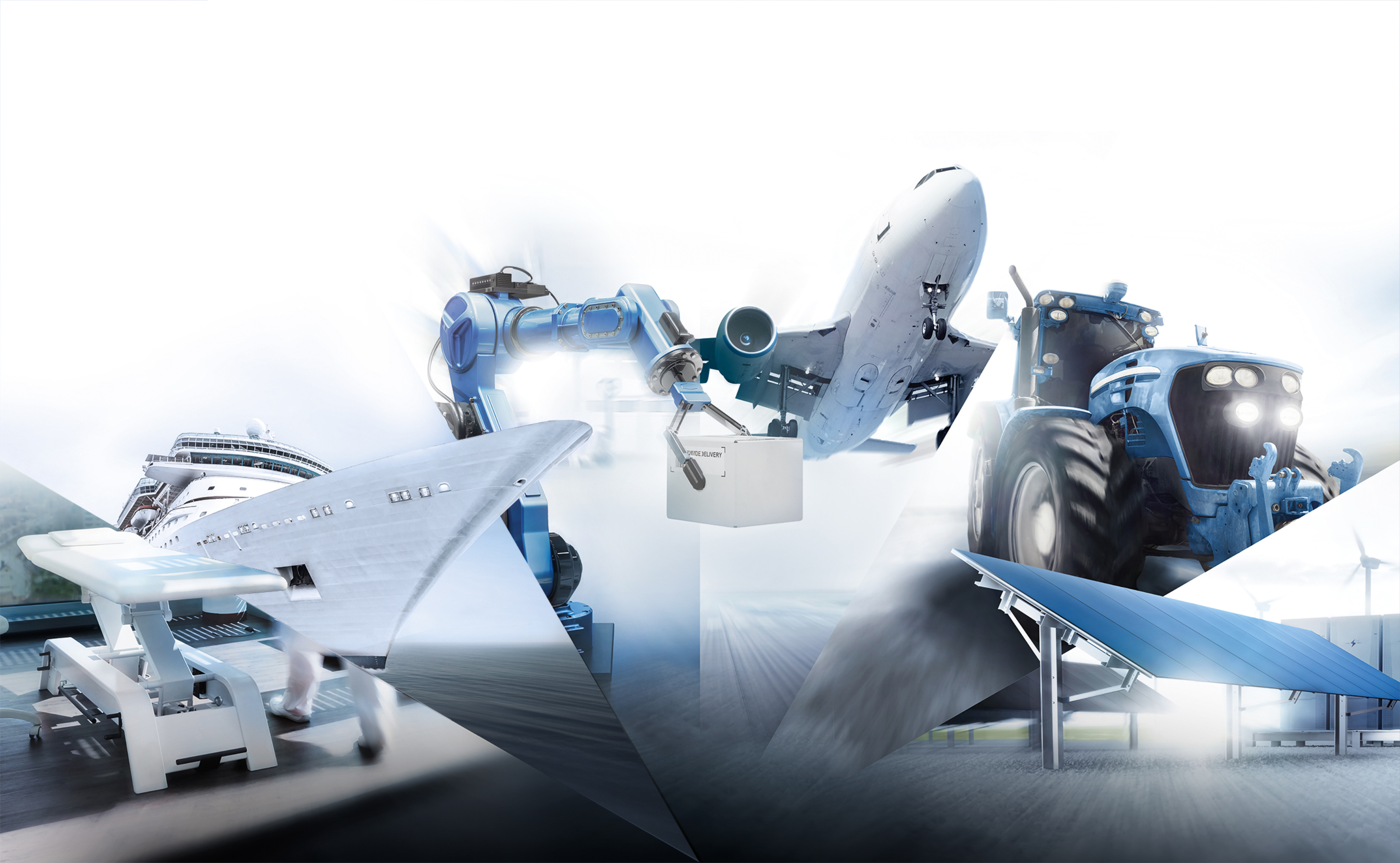 Collage verschiedener Branchenanwendungen, darunter Schifffahrt, Robotik, Luftfahrt, Agrartechnik und erneuerbare Energien, die den vielseitigen Einsatz von Hahn Gasfedern verdeutlichen.