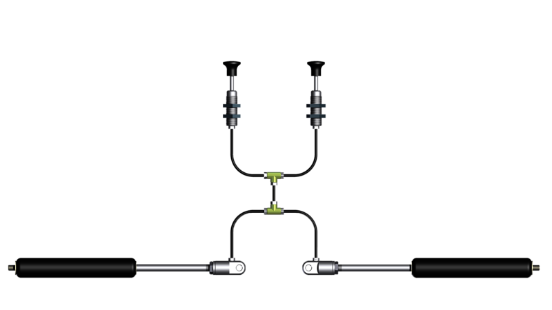 Technische Zeichnung eines doppelt verbundenen Auslösesystems für Gasfedern mit Bowdenzug, ermöglicht die gleichzeitige Steuerung von zwei Gasfedern über eine zentrale Betätigung.