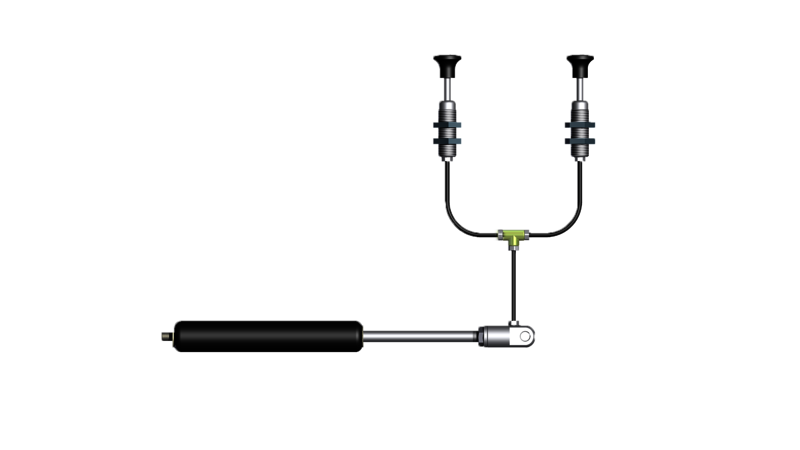 Technische Darstellung eines Auslösesystems für Gasfedern mit Bowdenzug, bestehend aus zwei Druckknöpfen, einer mechanischen Verbindung und einer Gasfeder für präzise Steuerung.