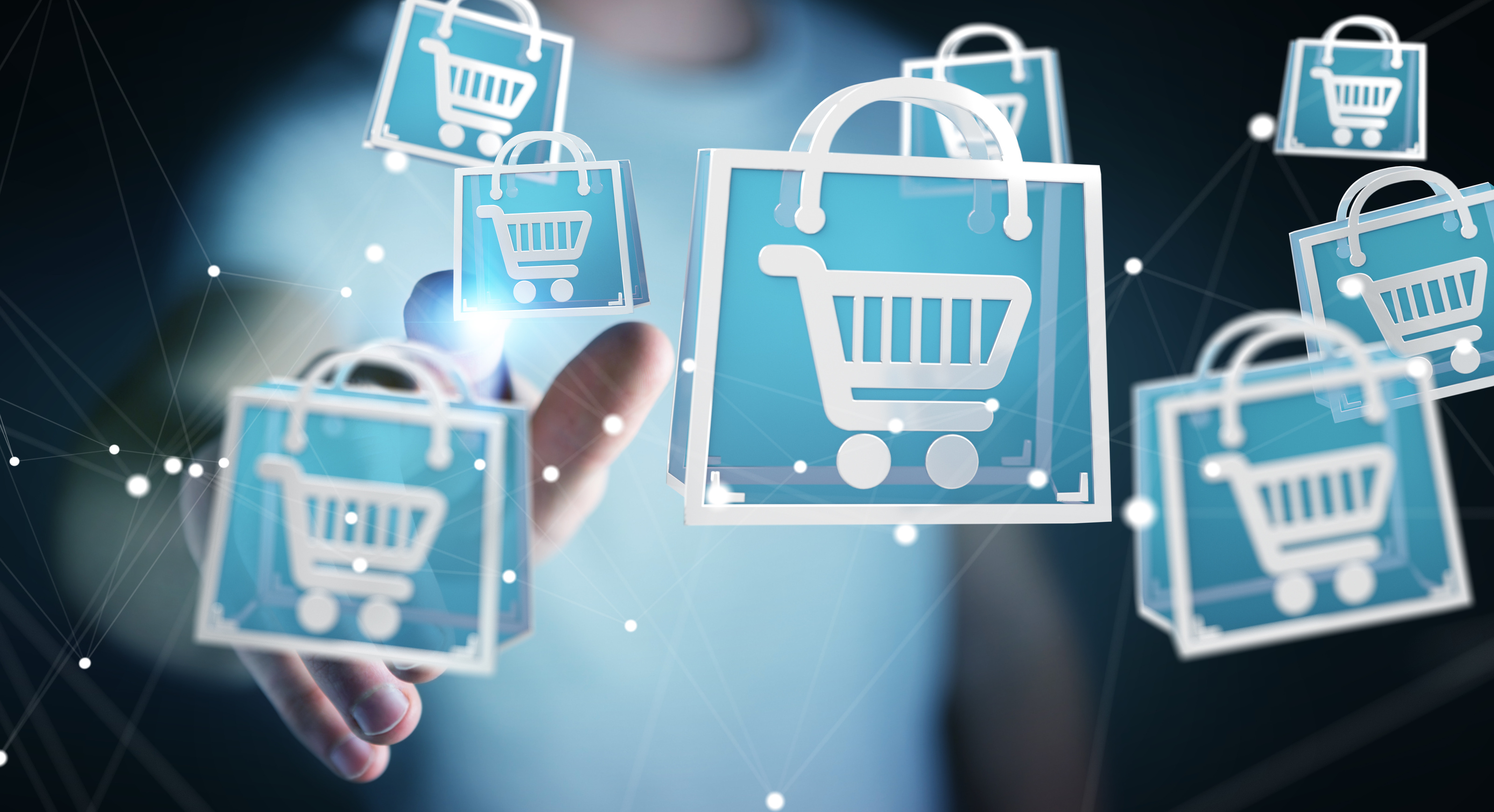Digitale Einkaufssymbole mit Einkaufswagen-Icons, die moderne Online-Bestellungen und digitale Vernetzung symbolisieren.