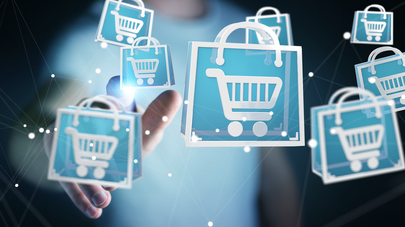 Digitale Einkaufssymbole mit Einkaufswagen-Icons, die moderne Online-Bestellungen und digitale Vernetzung symbolisieren.