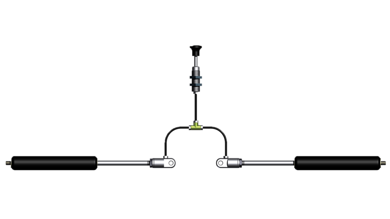 Technische Zeichnung eines doppelt verbundenen Auslösesystems für Gasfedern mit Bowdenzug, ermöglicht die gleichzeitige Steuerung von zwei Gasfedern über eine zentrale Betätigung.