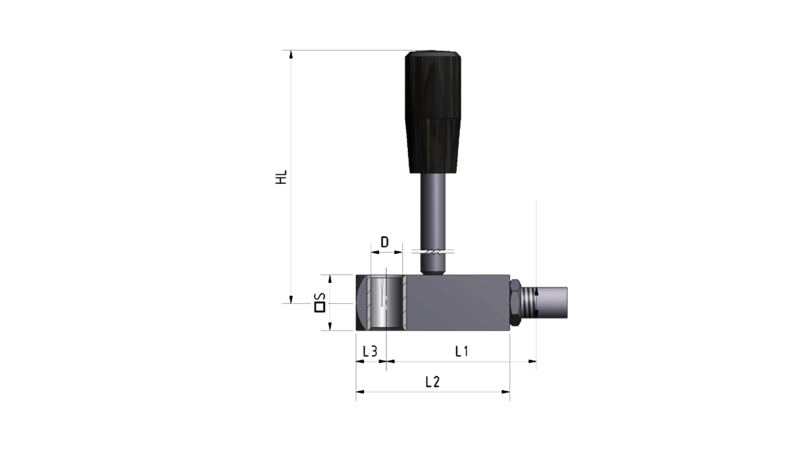 Technische Zeichnung eines Ventils mit Hebel, Maßangaben zu Länge, Durchmesser und Einbauhöhe.